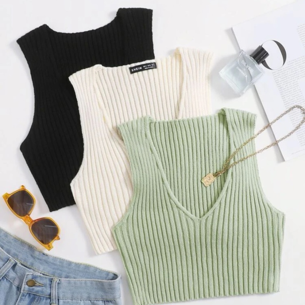3pcs Plunging Crop Tank Knit Top